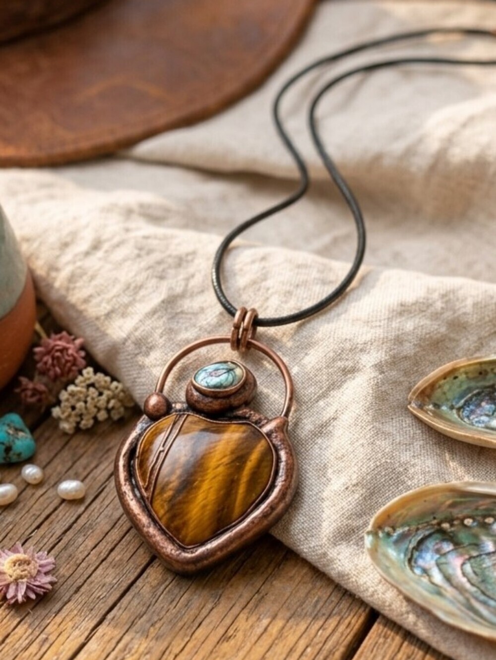 Copper Heart Pendant Necklace Genuine Tiger Eye Abalone Boho Witchy Adj 2"